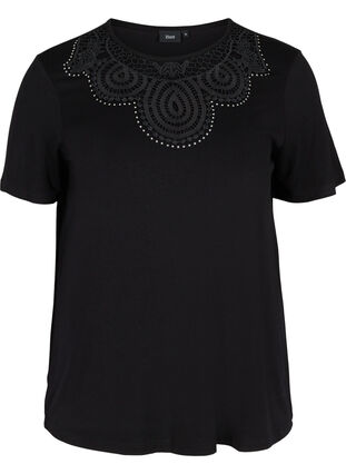 Lyhythihainen viskoosista valmistettu t-paita pitsillä, Black, Packshot image number 0