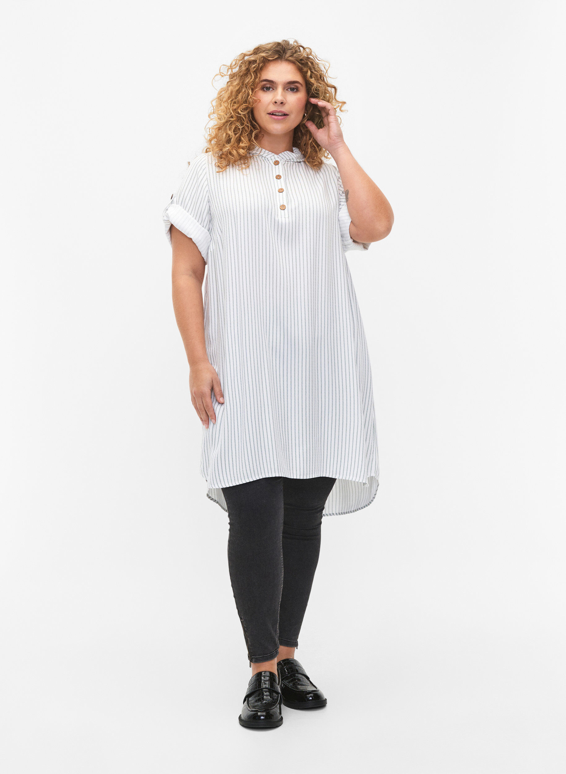 Zizzi Lyhythihainen hupullinen viskoositunika, Chinois Green Stripe, Model image number 2