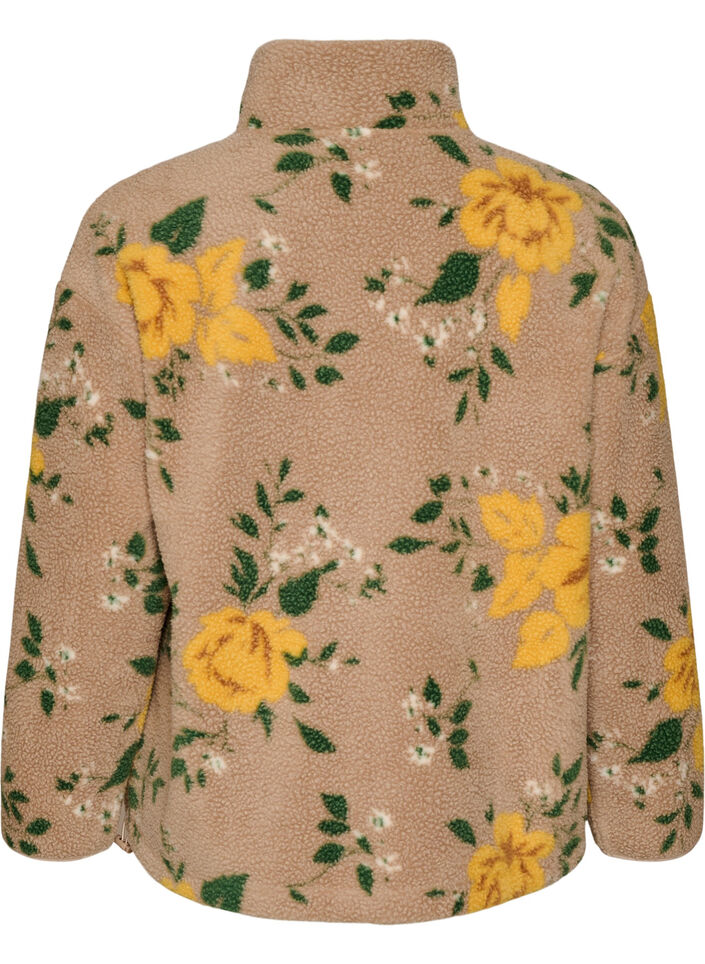 Kukkafleecetakki korkealla kauluksella ja vetoketjulla, Beige, Packshot image number 1