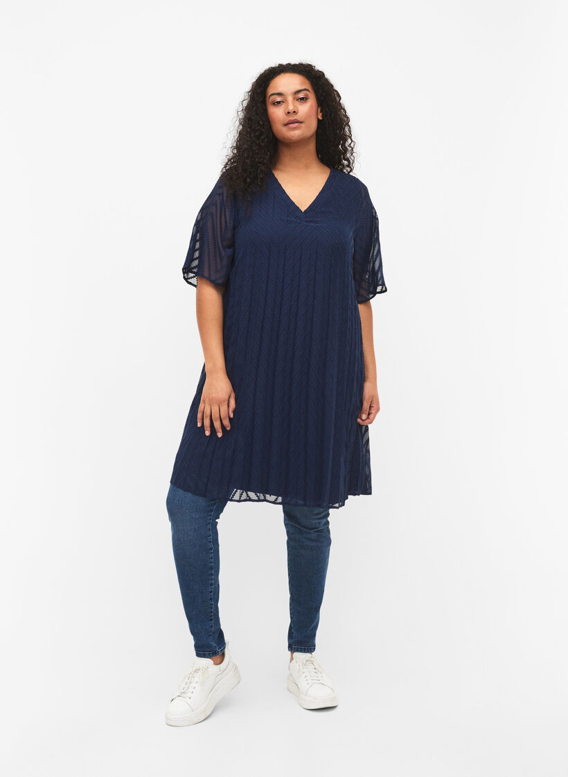 Lyhythihainen mekko tekstuurilla, Navy Blazer, Model image number 2