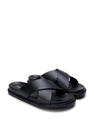 Leveälestiset sandaalit ristihihnoilla, Black, Packshot image number 1