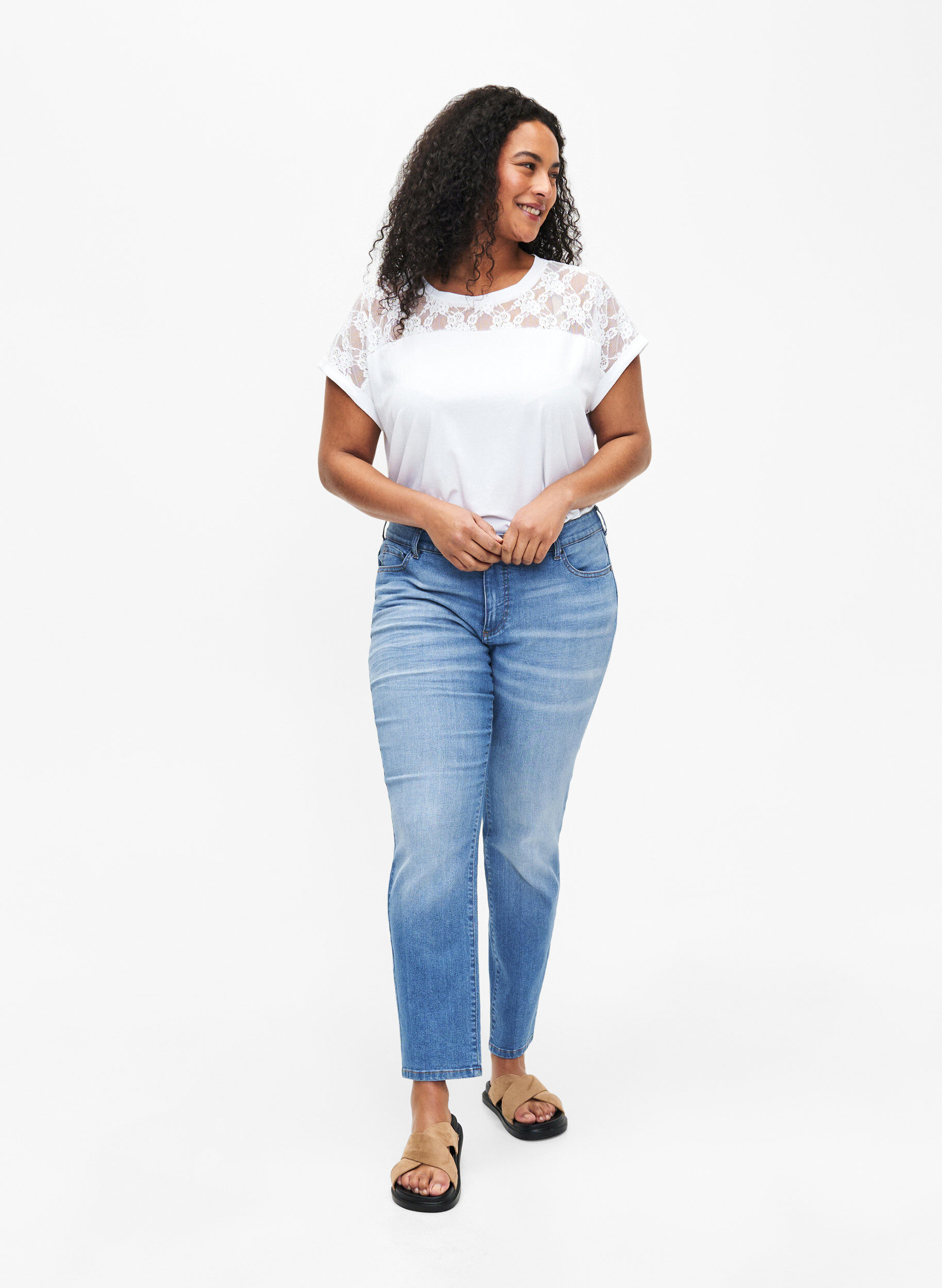 Zizzi Lyhythihainen pitsikoristeltu t-paita puuvillaa, Bright White, Model image number 1