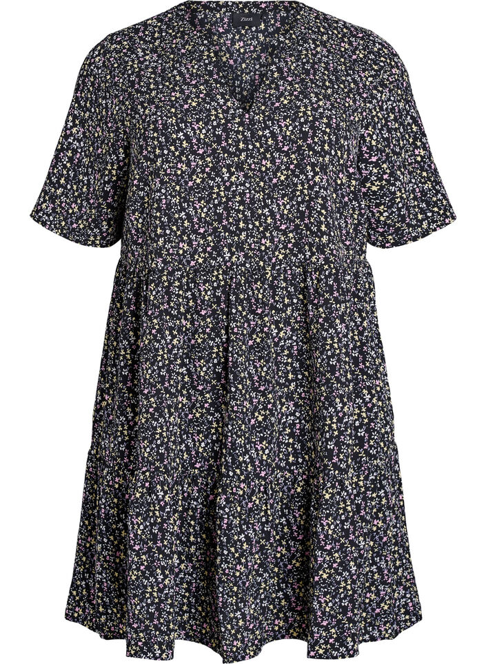 Lyhythihainen A-linjainen mekko, jossa on leikkauslinja, Musta, Packshot image number 0