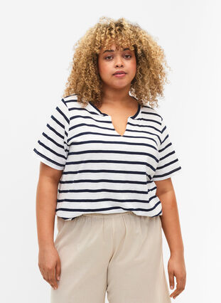 Raidallinen puuvillainen t-paita v-pääntiellä, Bright White Stripe, Model image number 0