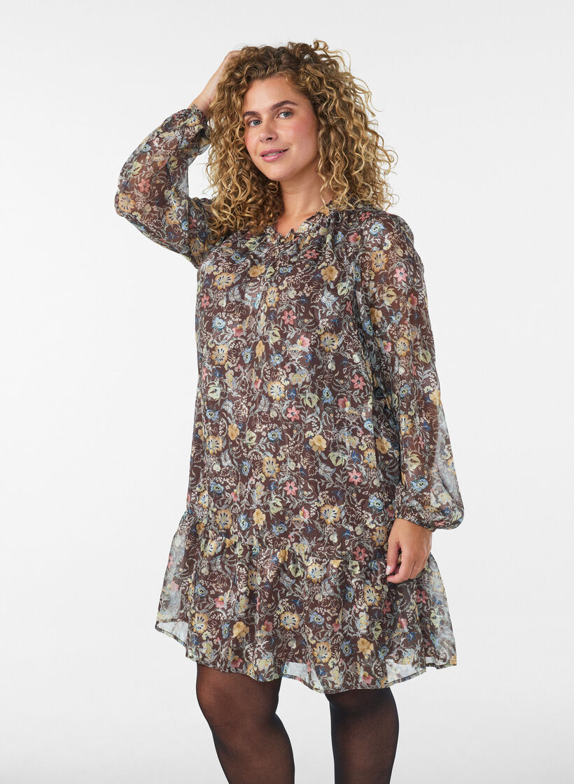Chiffonimekko kukkakuviolla ja r&ouml;yhel&ouml;kerroksilla, Ruskea, Model image number 0