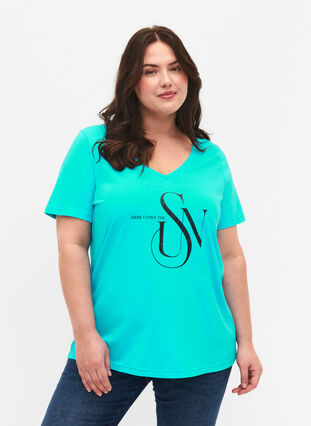 Puuvillainen t-paita painatuksella, Turquoise SUN, Model image number 0