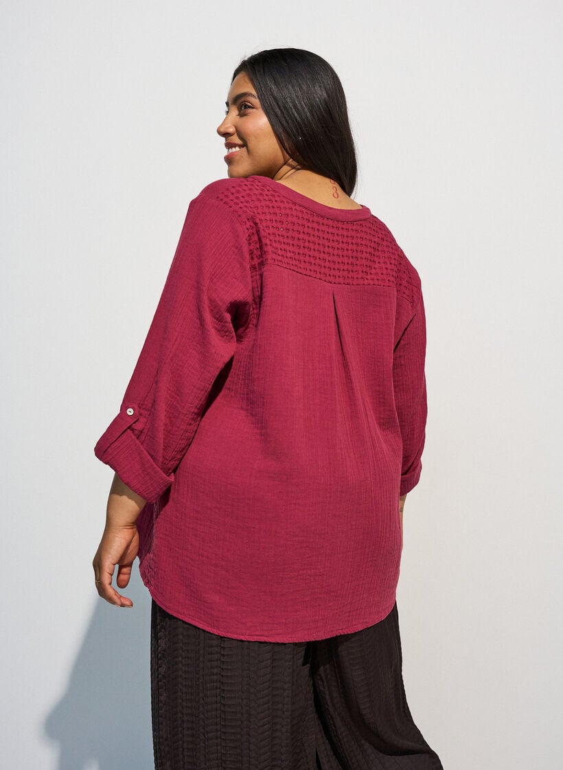Paita puuvillamusliinissa, jossa broderie anglaise -kirjailu, Punainen, Model image number 2