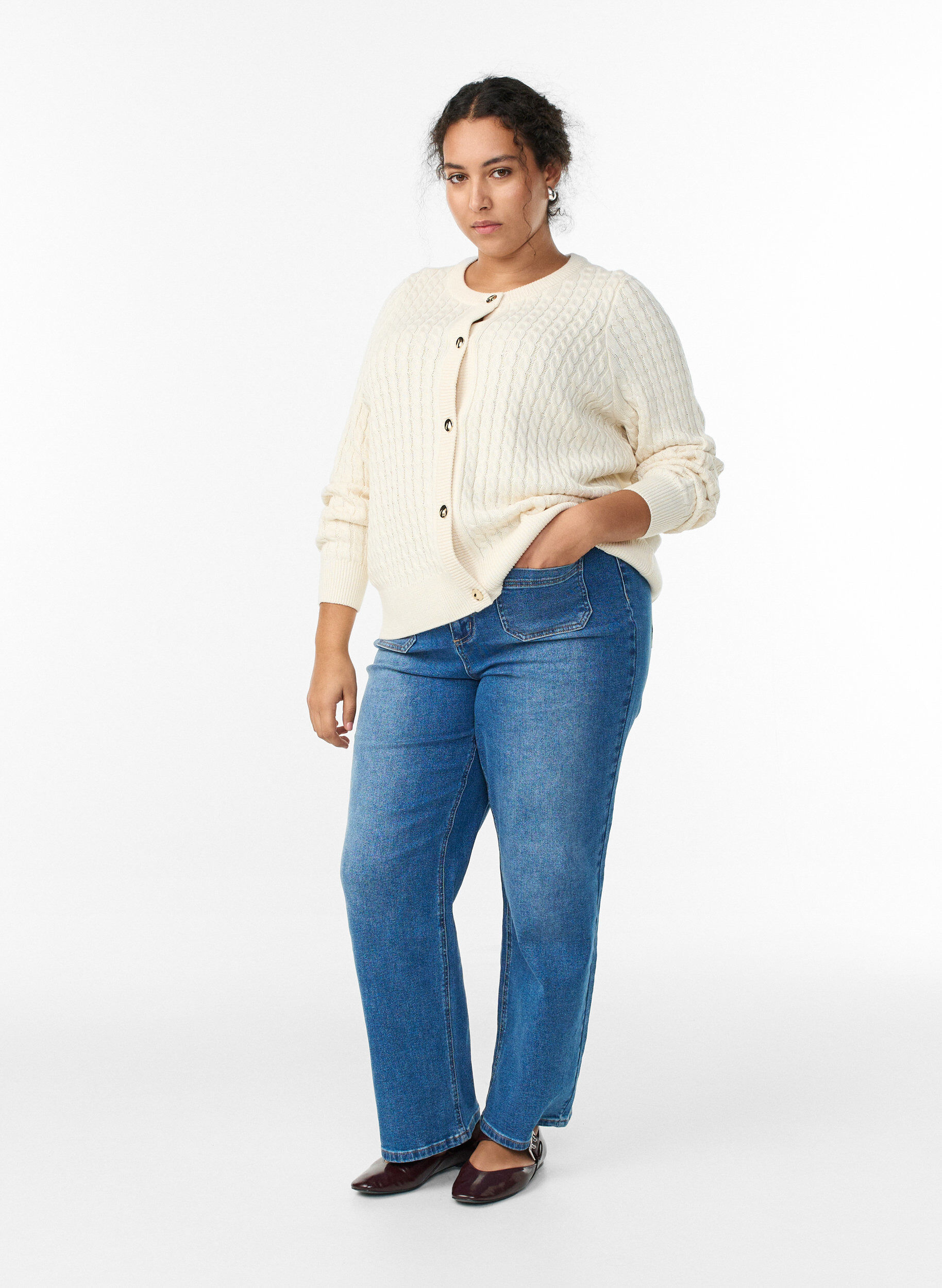 ZizziPalmikkoneuleinen neuletakki kultaisilla napeilla, Vanilja, Model image number 1