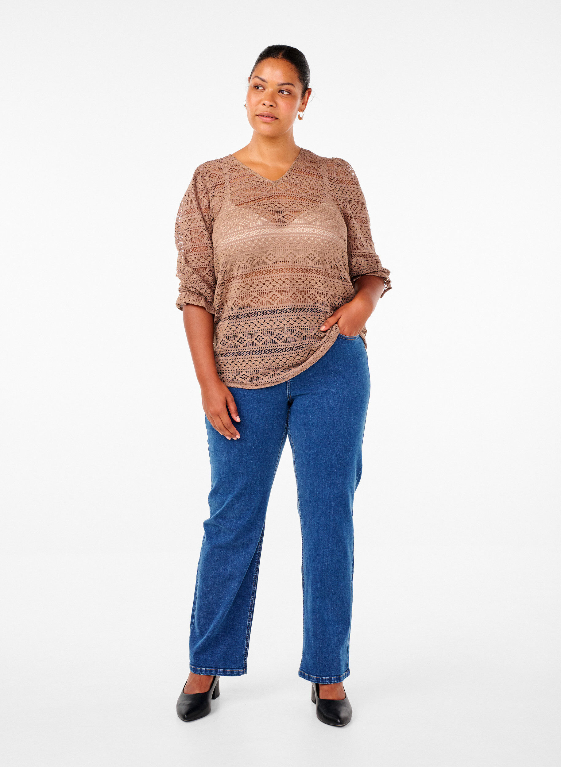 Zizzi Pusero, jossa reik&auml;kuviointi ja 3/4-hihat, Ruskea, Model image number 1