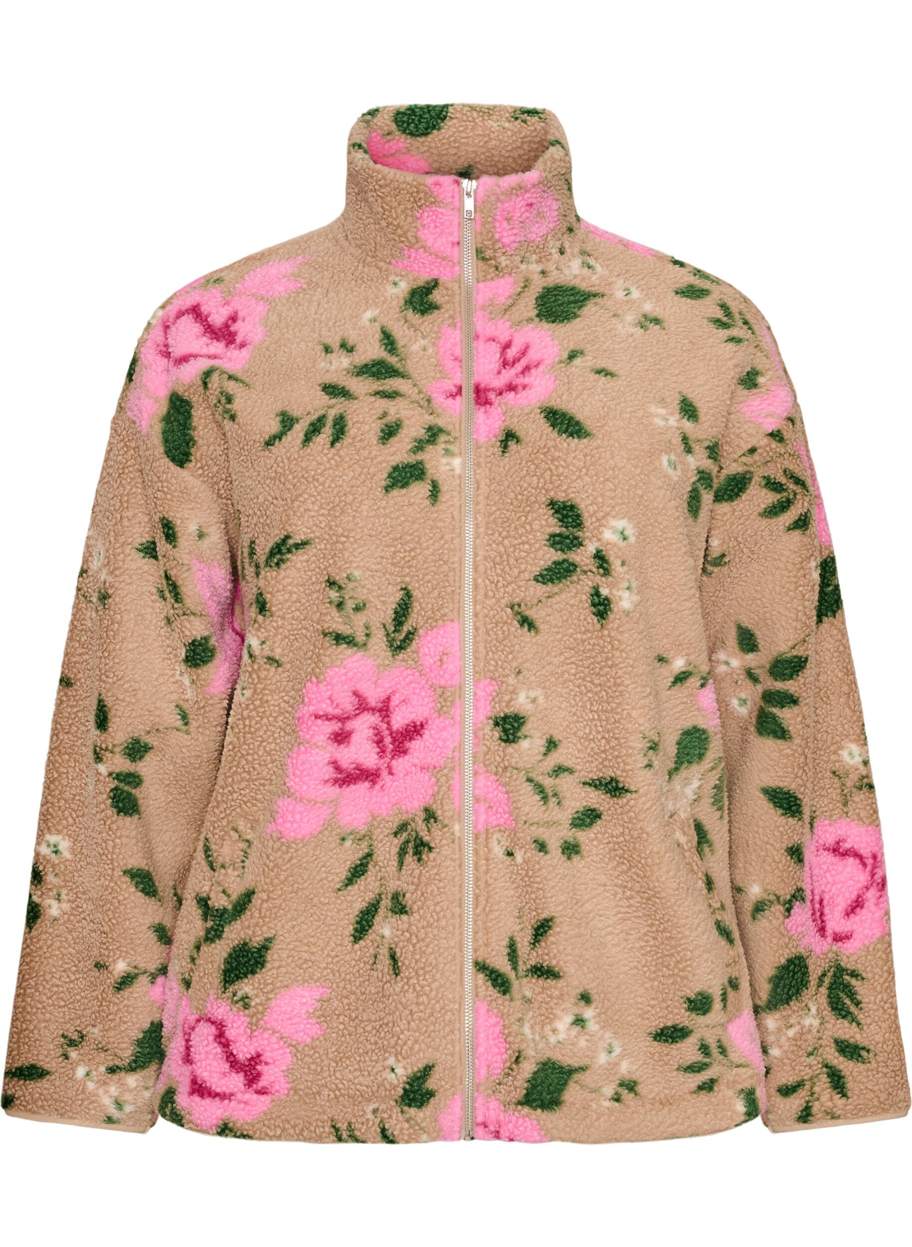 ZizziKukkafleecetakki korkealla kauluksella ja vetoketjulla, Beige, Packshot image number 0