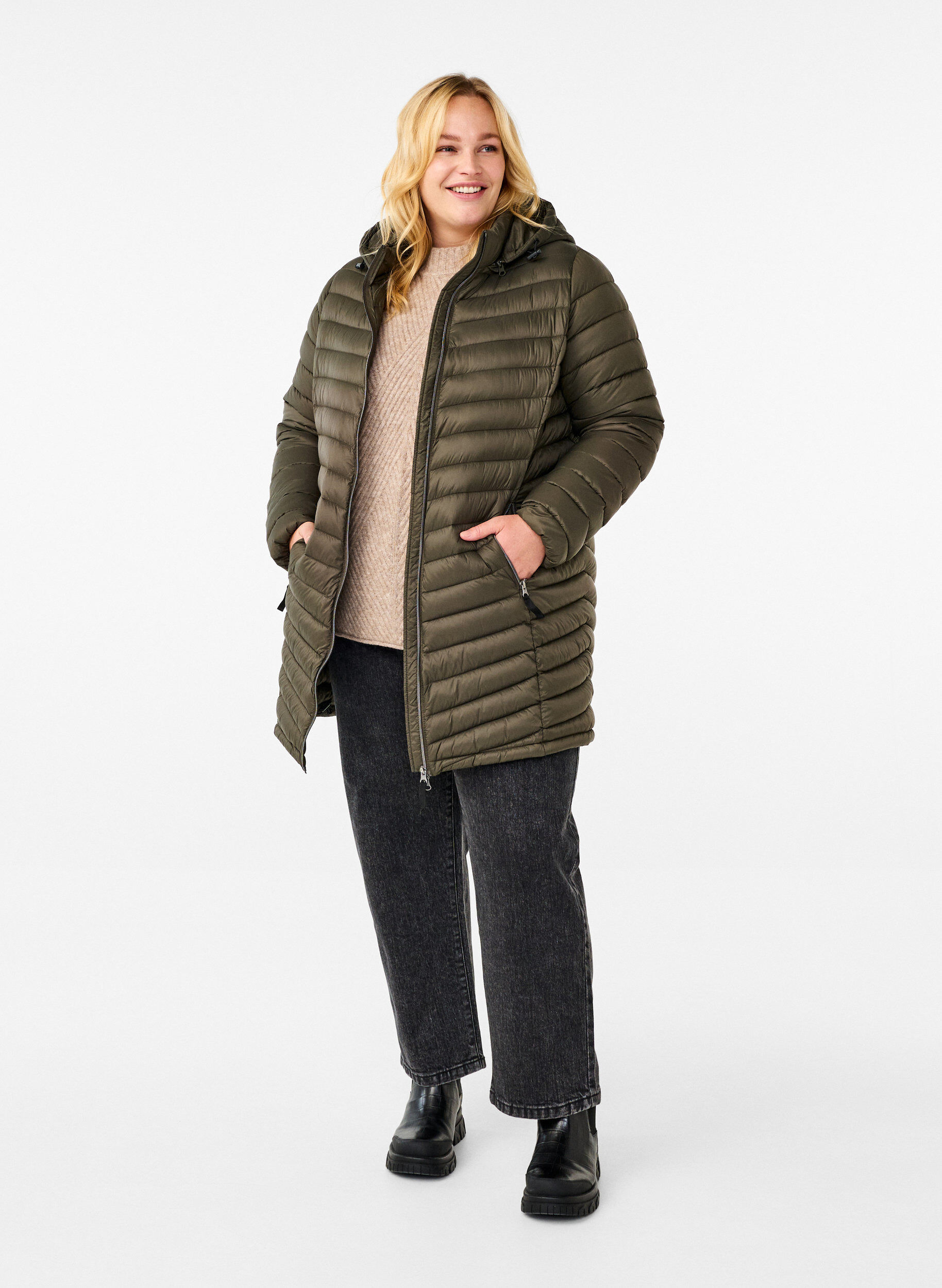 Zizzi Kevyt takki taskuilla ja irrotettavalla hupulla, Vihre&auml;, Model image number 1