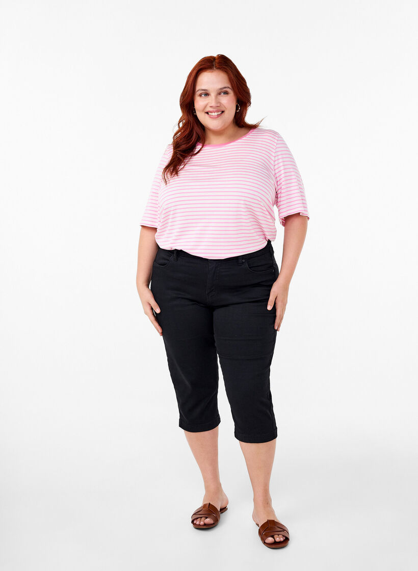 Raidallinen t-paita lyocellia, jossa on pyöreä pääntie, Punainen, Model image number 1