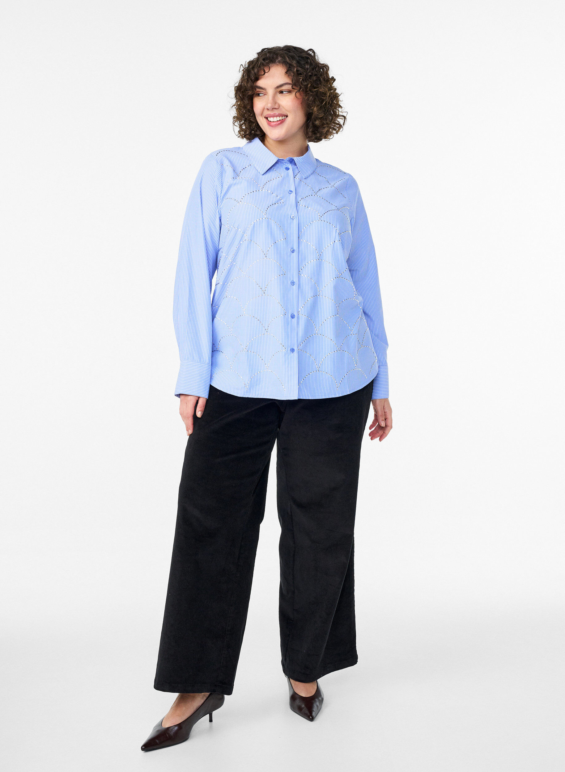 Zizzi Paita raidoilla ja niiteill&auml;, Sininen, Model image number 1