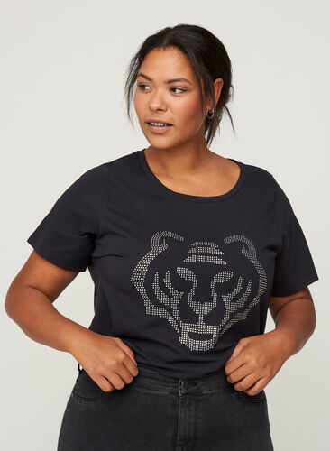 Puuvillainen t-paita niiteillä, Black , Model image number 0