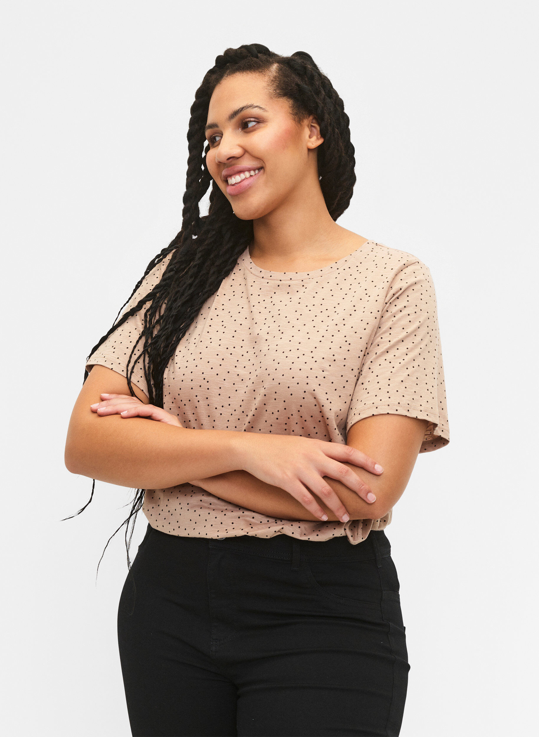 Zizzi Luomupuuvillainen T-paita pilkuilla, Beige, Model image number 0