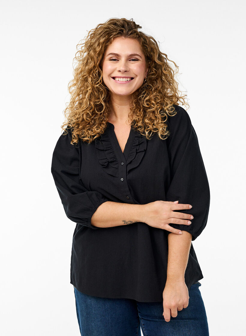 3/4-hiha puuvillapaita, Musta, Model image number 0