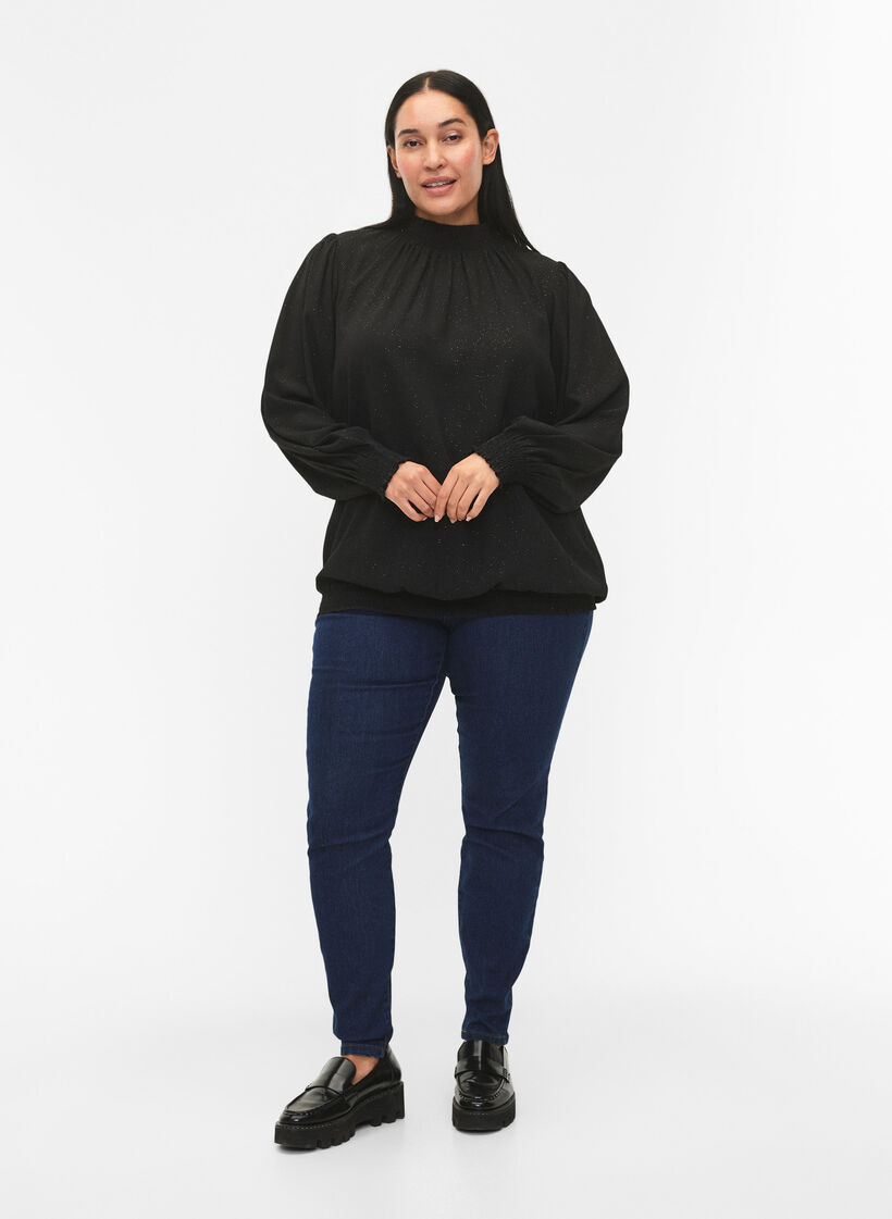 FLASH - Pitkähihainen pusero, jossa on smokkaus ja kimalletta.	, Black w. Silver, Model image number 2