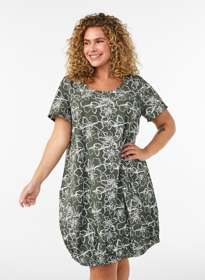 Lyhythihainen painokuvioitu puuvillamekko, Vihre&auml;, Model image number 0