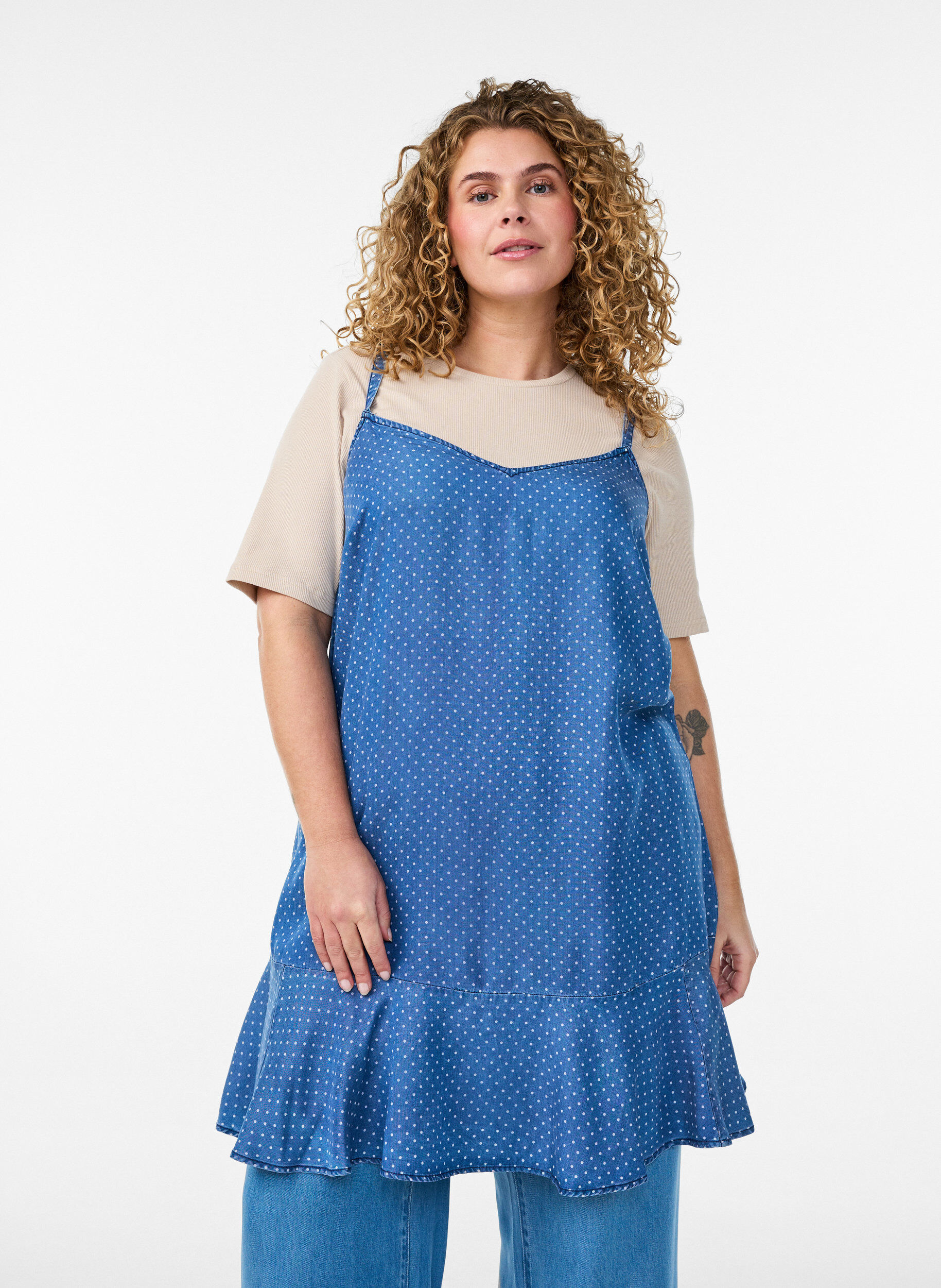 Zizzi Polvipituinen olkainmekko TENCEL&trade; Lyocellia denimlookilla, Sininen, Model image number 3