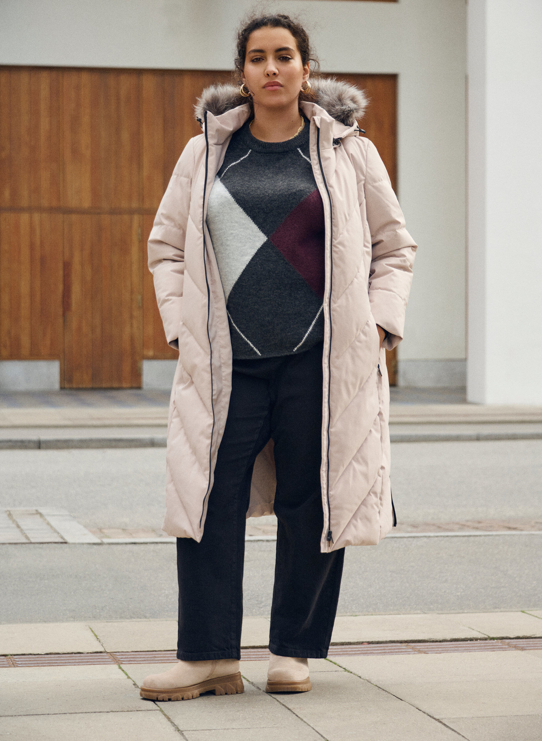 Zizzi Neulepaita suurilla ruuduilla ja kontrastihihat, Harmaa, Image image number 0