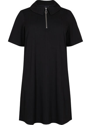 Lyhythihainen mekko kauluksella ja vetoketjulla, Black, Packshot image number 0