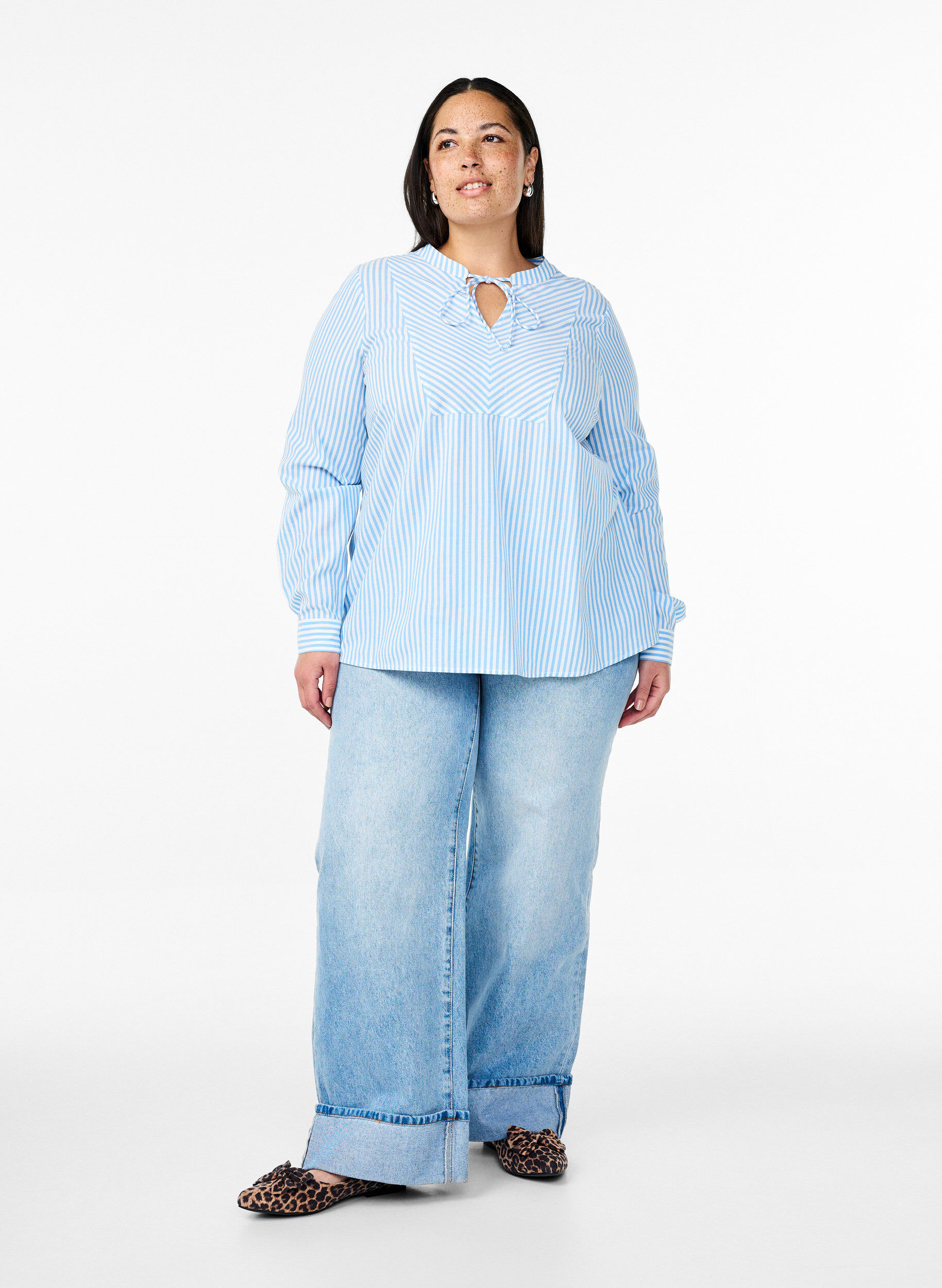 Zizzi Raidallinen pusero solmittavilla nauhoilla, Sininen, Model image number 1