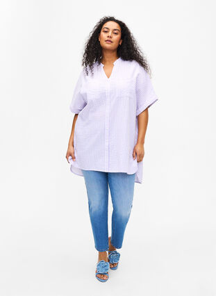 Raidallinen paita, jossa on rintataskut, White/LavenderStripe, Model image number 2