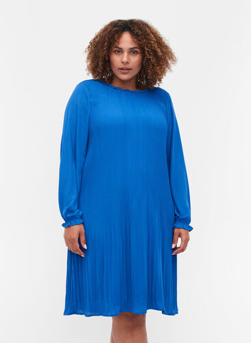 Pitkähihainen pliseerattu mekko röyhelöllä, Dazzling Blue, Model image number 0