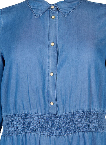 Pehmeä farkkumekko 3/4-hihoilla ja smokkirypytyksellä, Blue denim, Packshot image number 2