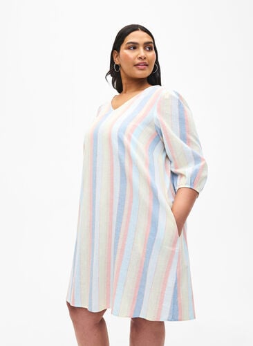 Lyhyt mekko puuvillan ja pellavan sekoitteesta, Multi Color Stripe, Model image number 0
