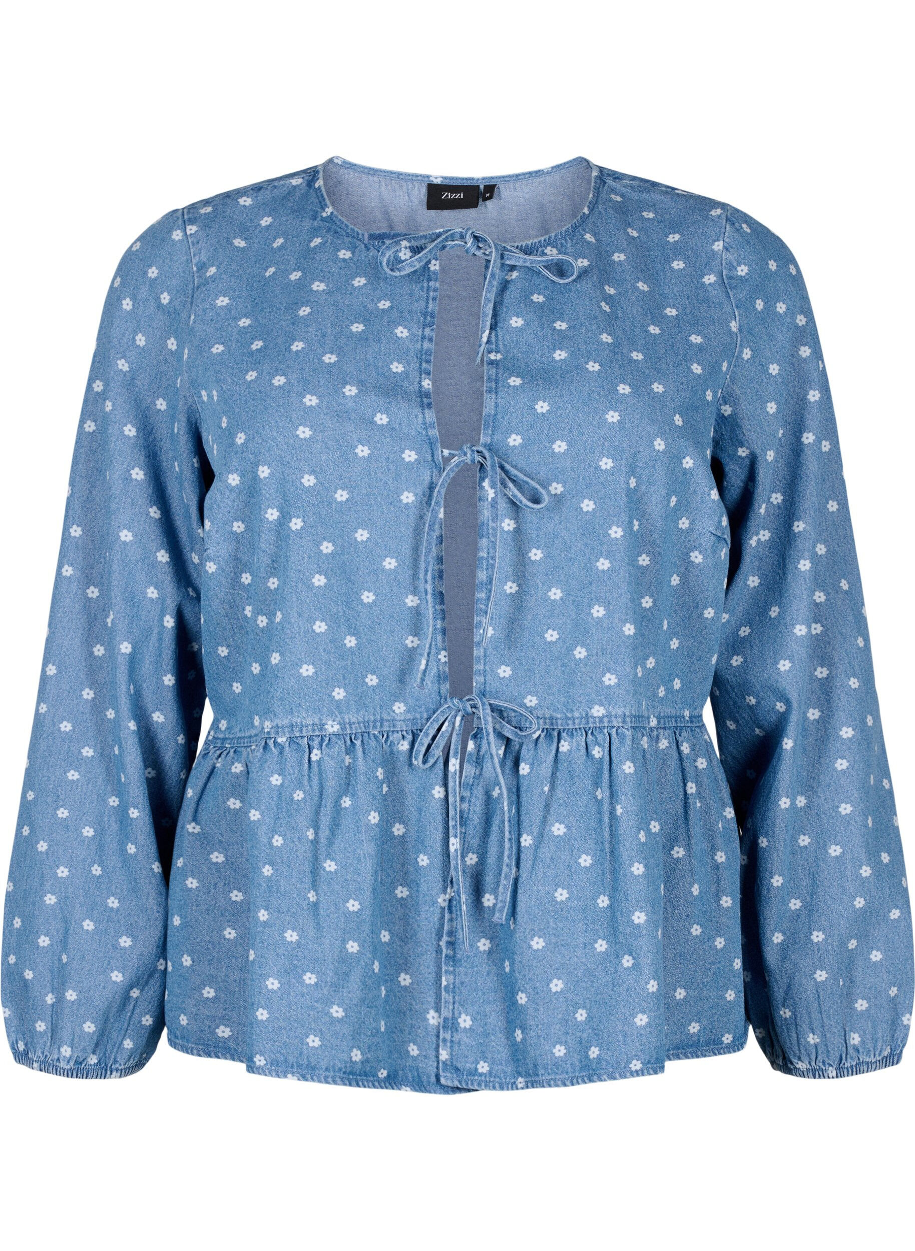 Zizzi Farkkukankainen peplum-pusero, jossa on nauhakiinnitys, Light Blue w.Flowers, Packshot image number 0