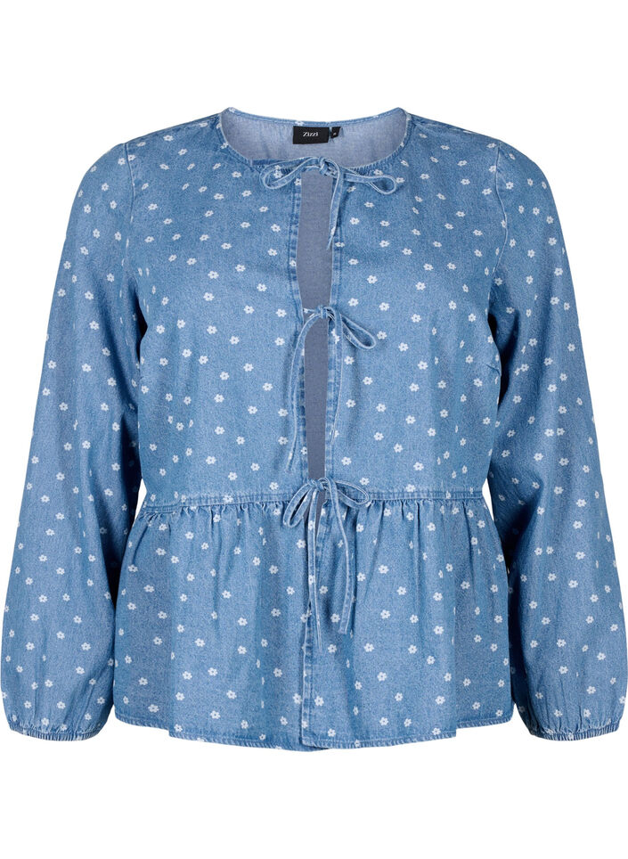 Farkkukankainen peplum-pusero, jossa on nauhakiinnitys, Light Blue w.Flowers, Packshot image number 0
