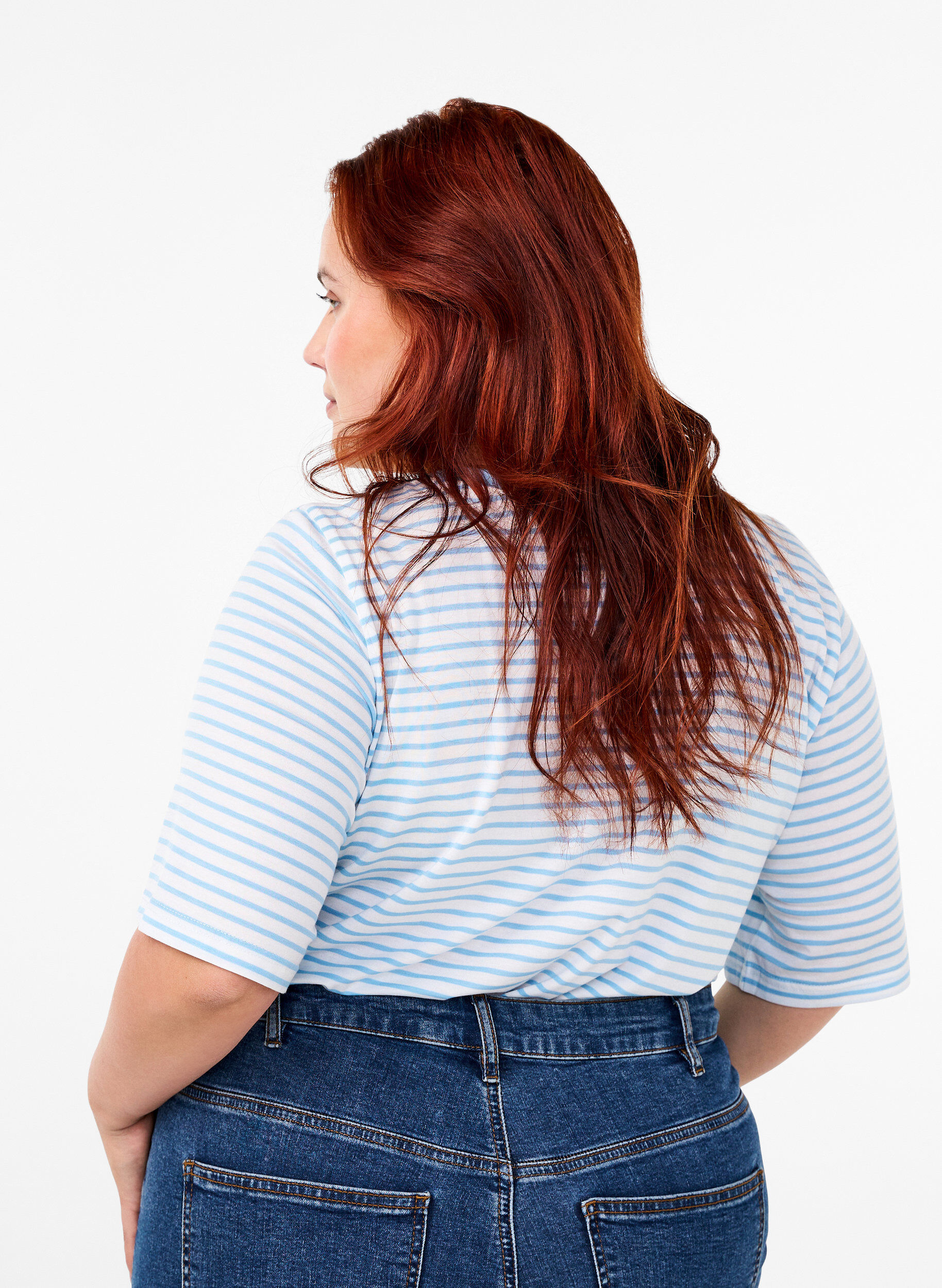 Zizzi Raidallinen t-paita lyocellia, jossa on py&ouml;re&auml; p&auml;&auml;ntie, Sininen, Model image number 2