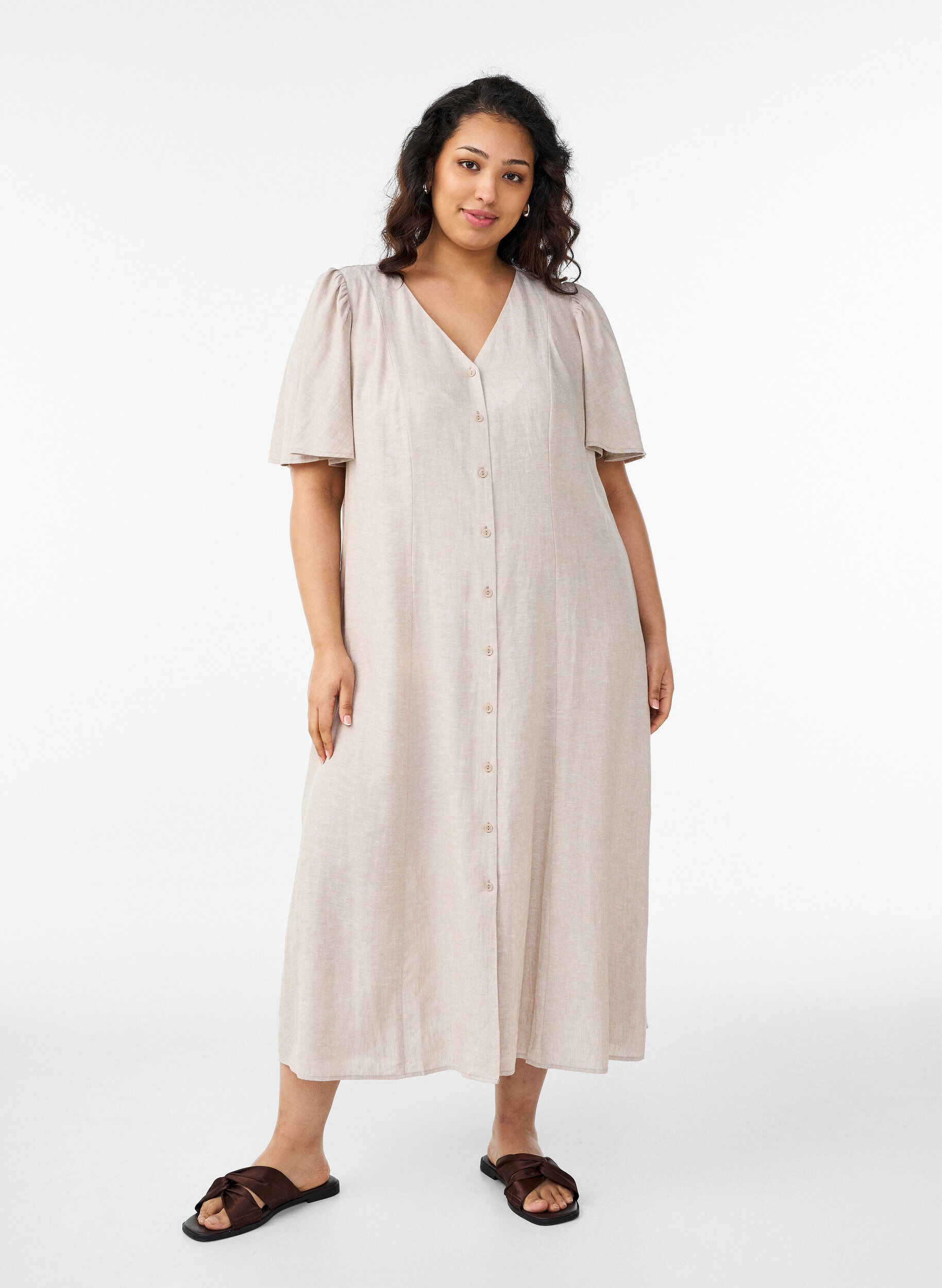 Midimekko pellava- ja viskoosisekoitteesta r&ouml;yhel&ouml;hihoilla, Beige, Model