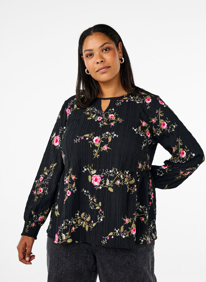 Pitk&auml;hihainen pusero kukkakuosilla, Musta, Model image number 0