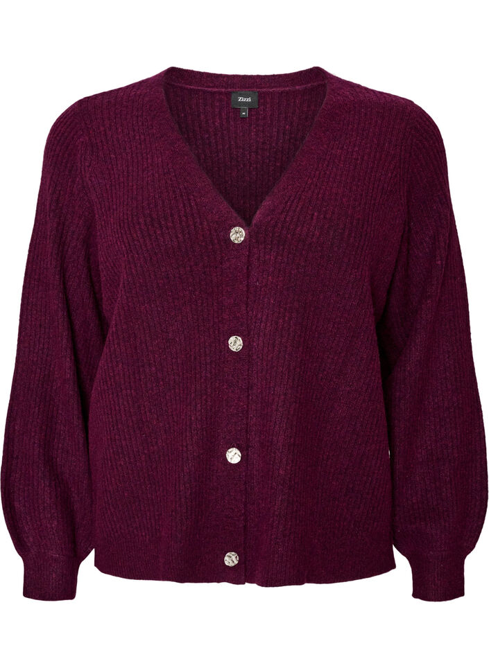 Neuletakki V-p&auml;&auml;ntiell&auml; ja ribatulla tekstuurilla, Violetti, Packshot image number 0
