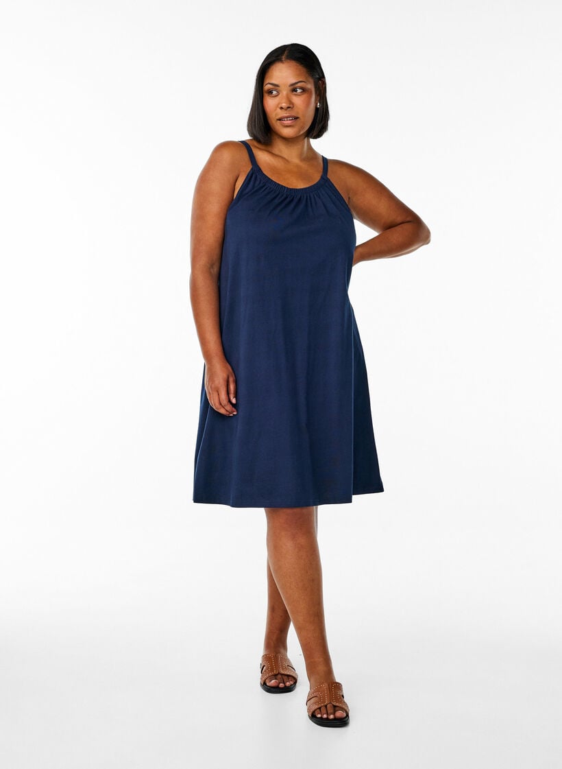 Midipituinen olkainmekko luomupuuvillaa, Sininen, Model image number 1