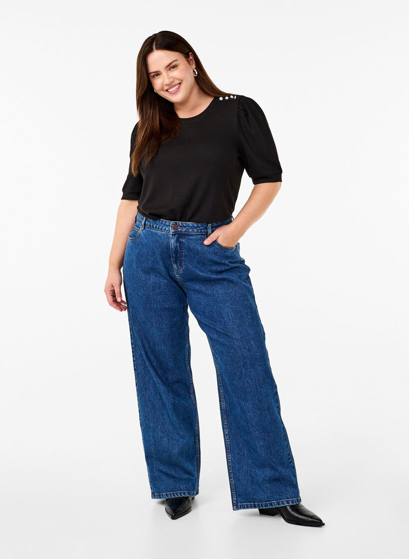 Pusero nappidetaljilla ja lyhyillä puhvihihoilla, Musta, Model image number 1