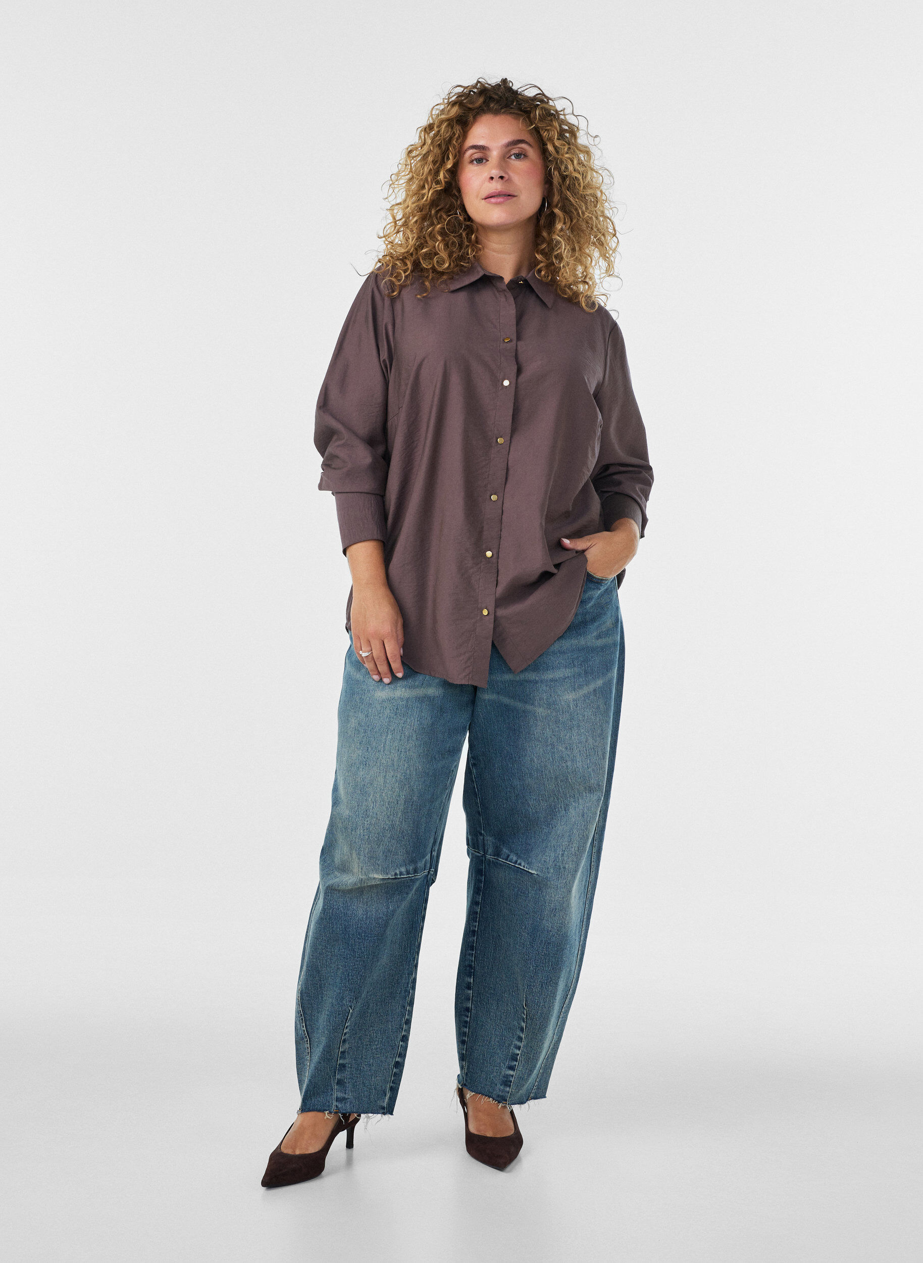 ZizziViskoosipaita kultaisilla napeilla, Ruskea, Model image number 1