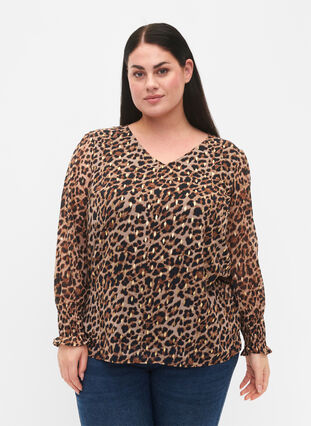 Kuosillinen, v-aukkoinen pusero pitkillä hihoilla, Leopard AOP, Model image number 0