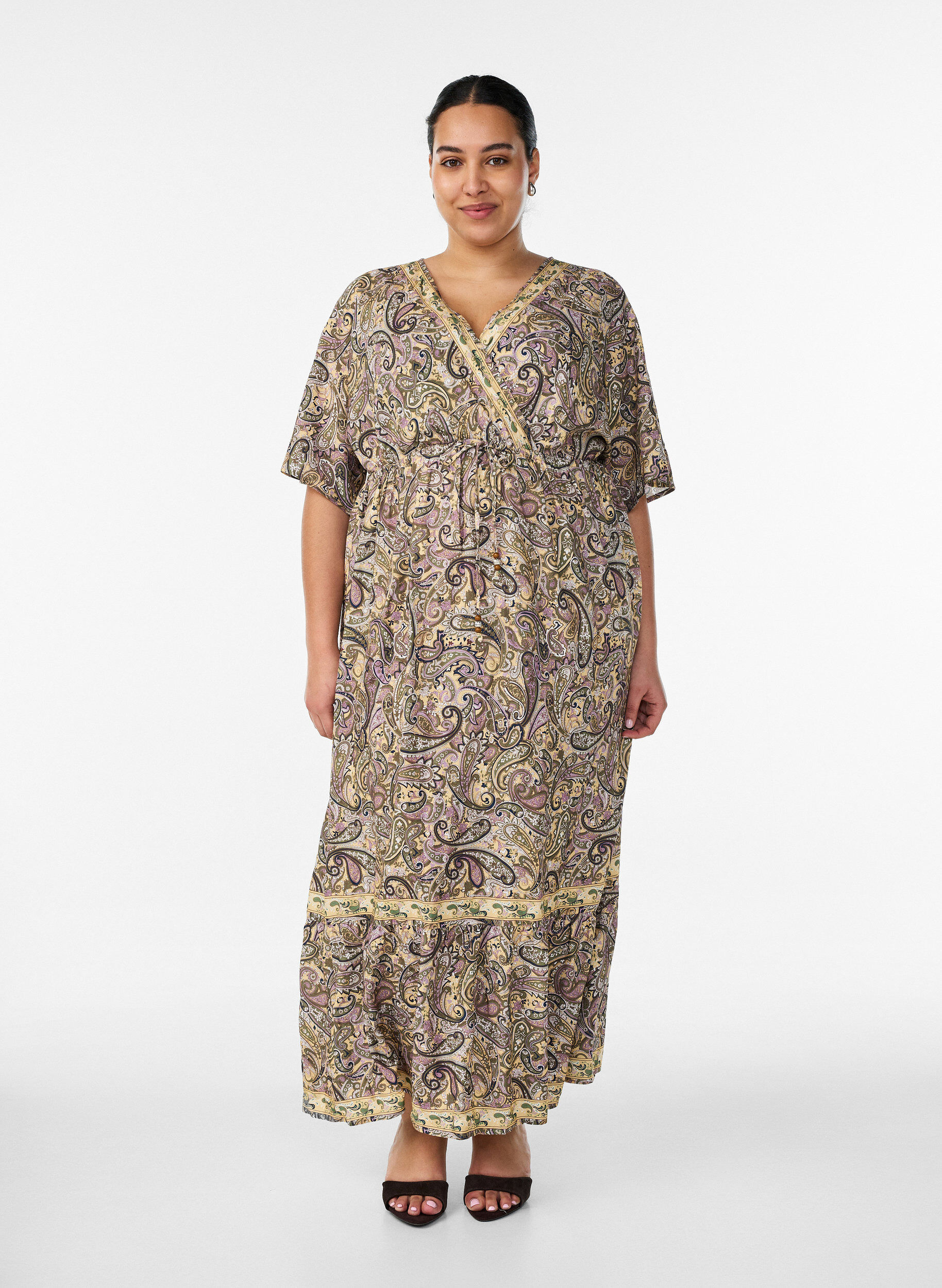 ZizziViscose-maximekko paisleykuviolla, Keltainen, Model image number 0