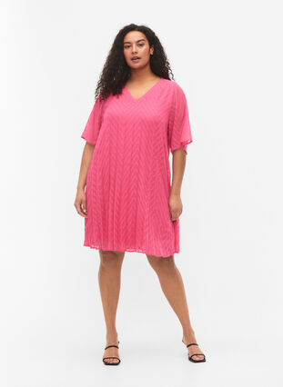 Lyhythihainen mekko tekstuurilla, Shocking Pink, Model image number 2