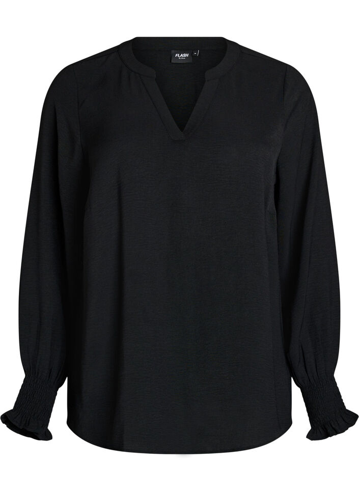 Pusero smock-kalvosimilla ja v-p&auml;&auml;ntiell&auml;, Musta, Packshot image number 0