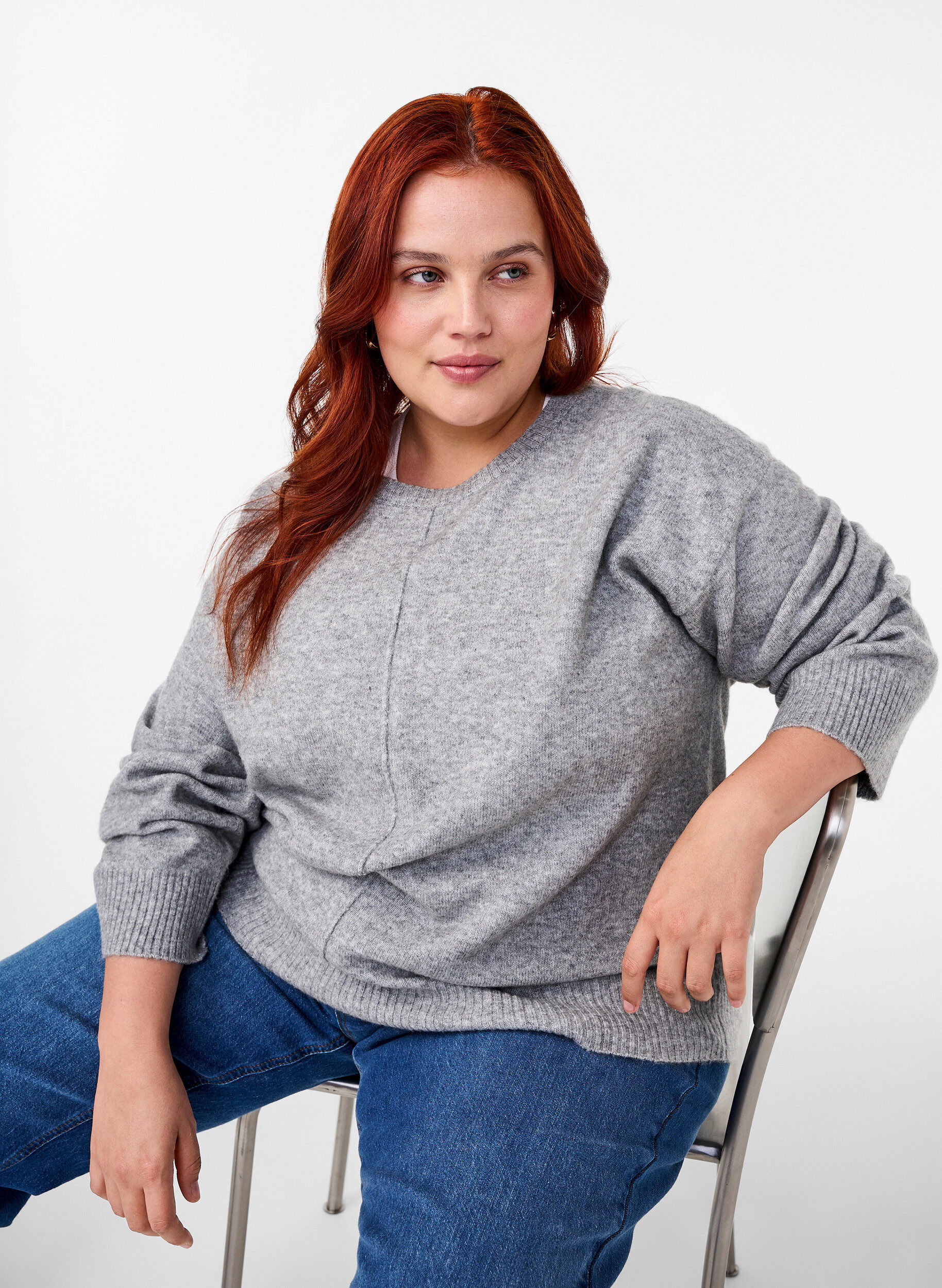 Zizzi Neulepusero, jossa on py&ouml;re&auml; p&auml;&auml;ntie ja keskisauma, Light Grey Melange, Image image number 0