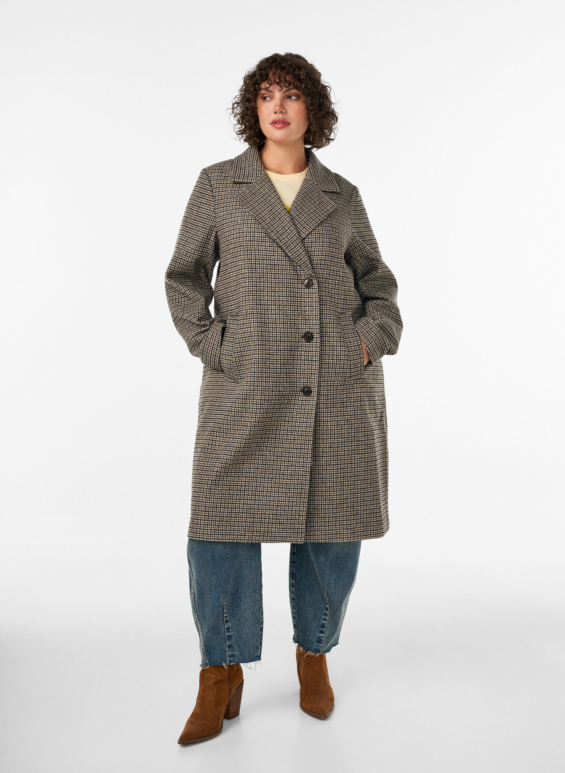 ZizziKeskipitk&auml; ruudullinen takki, Ruskea, Model image number 3