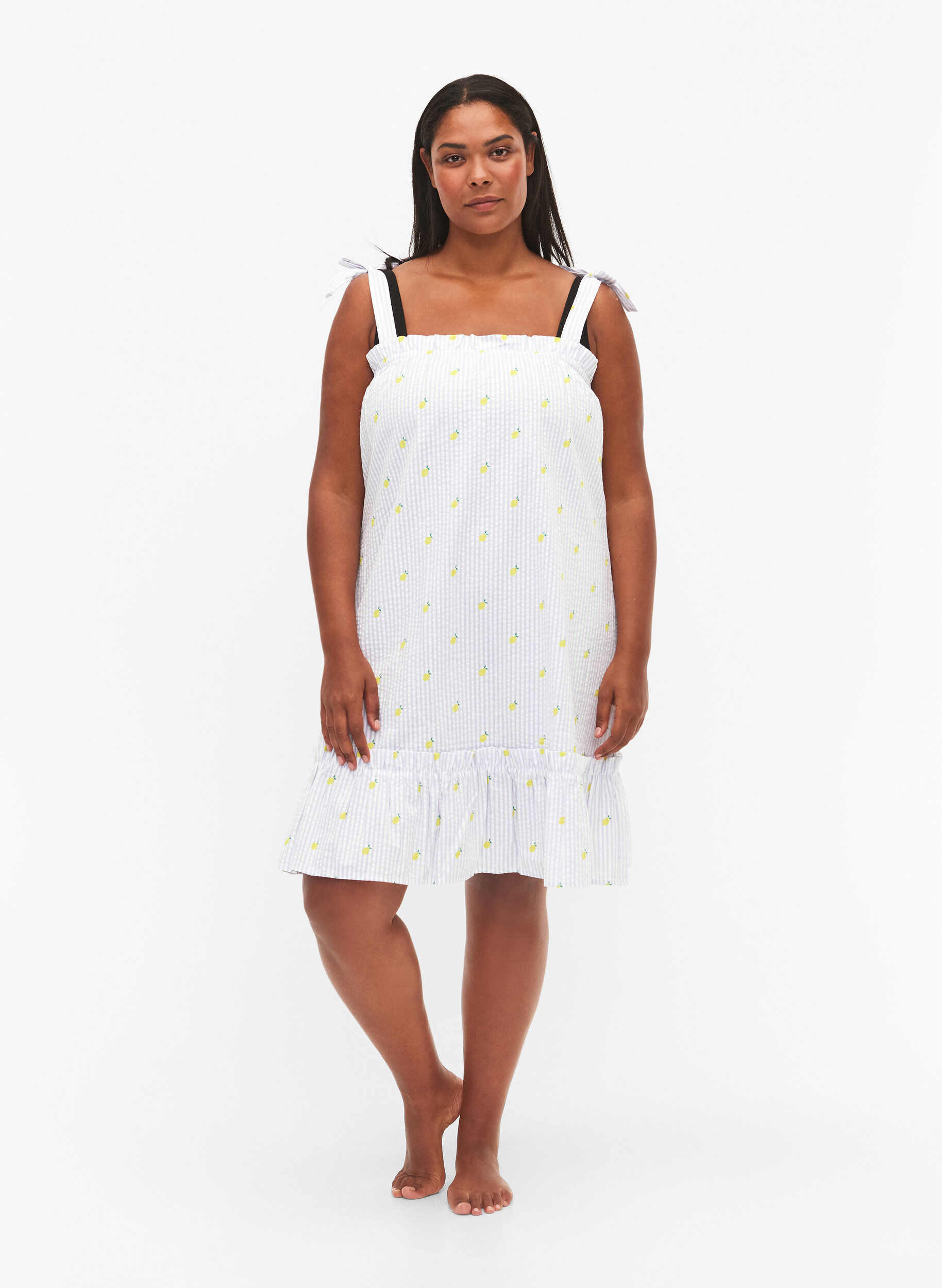 Zizzi Rantamekko puuvillasta olkaimilla, Lemon Print, Model image number 2