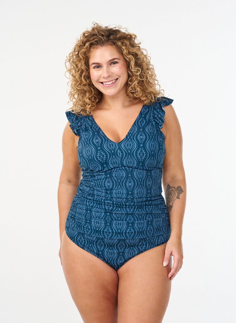Kuvioitu uimapuku, jossa on röyhelöitä ja laskoksia, Sininen, Model image number 0