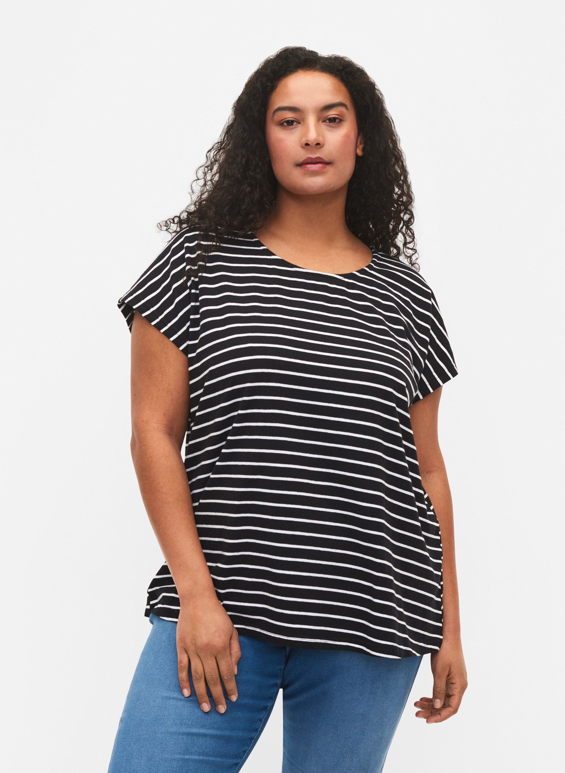 Zizzi Raidallinen t-paita puuvillaa, Black W. Stripe, Model image number 0