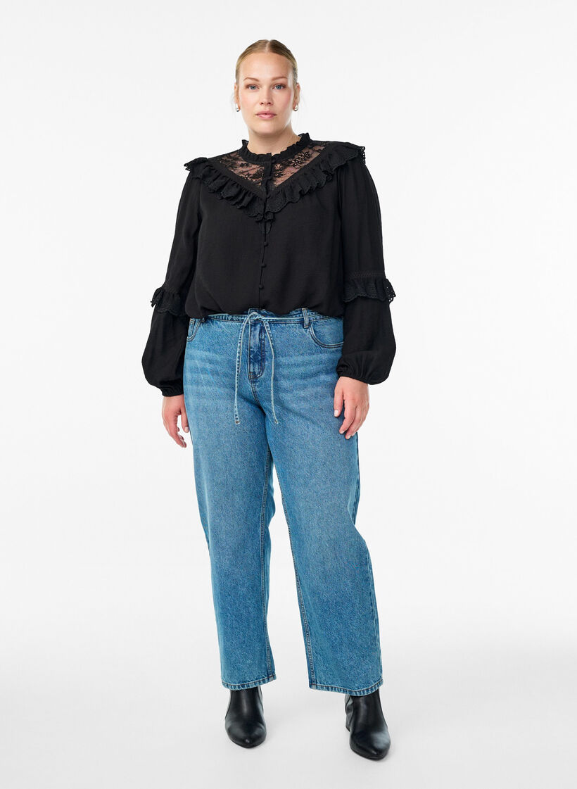 Viskoosipusero pitsillä ja röyhelöillä, Musta, Model