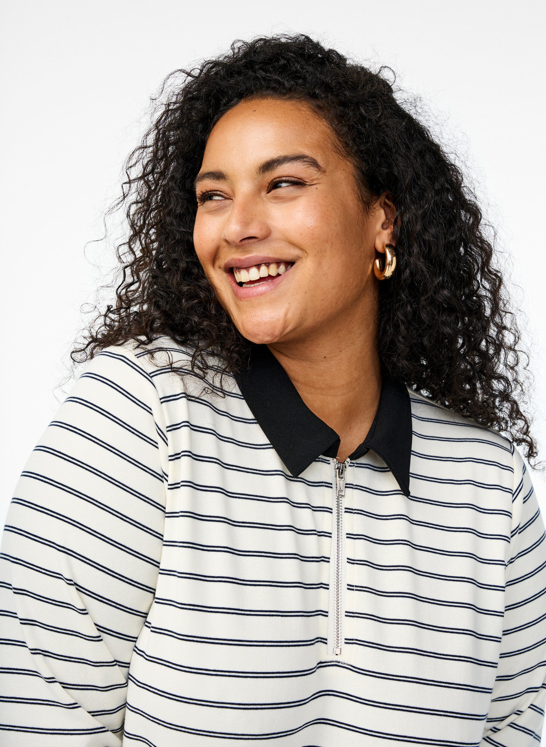 Zizzi Raidallinen pikeepaita vetoketjulla, Valkoinen, Model image number 3